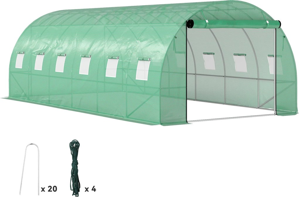 Outsunny Üvegház 300x600x200 cm fóliaüvegház Paradicsom Ház Ajtóval, 12 Ablak, Galvanizált Acél Fólia Alagút, 170g/m² PE, Stabil Növény Alagút, Üveghá
