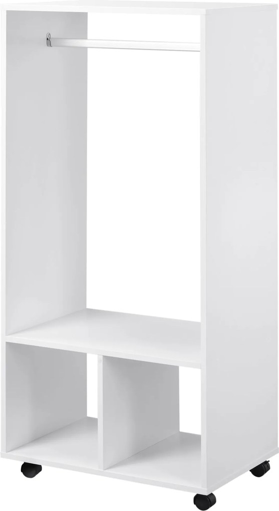 HOMCOM Gardrób Kerekekkel Ruhákhoz, Akasztós Rúddal és Nyitott Polcokkal, Szervező a Hálószobába 60x40x128 cm Fehér | Aosom