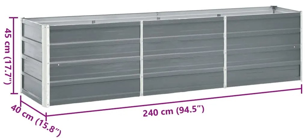 szürke horganyzott acél kerti magaságyás 240 x 40 x 45 cm