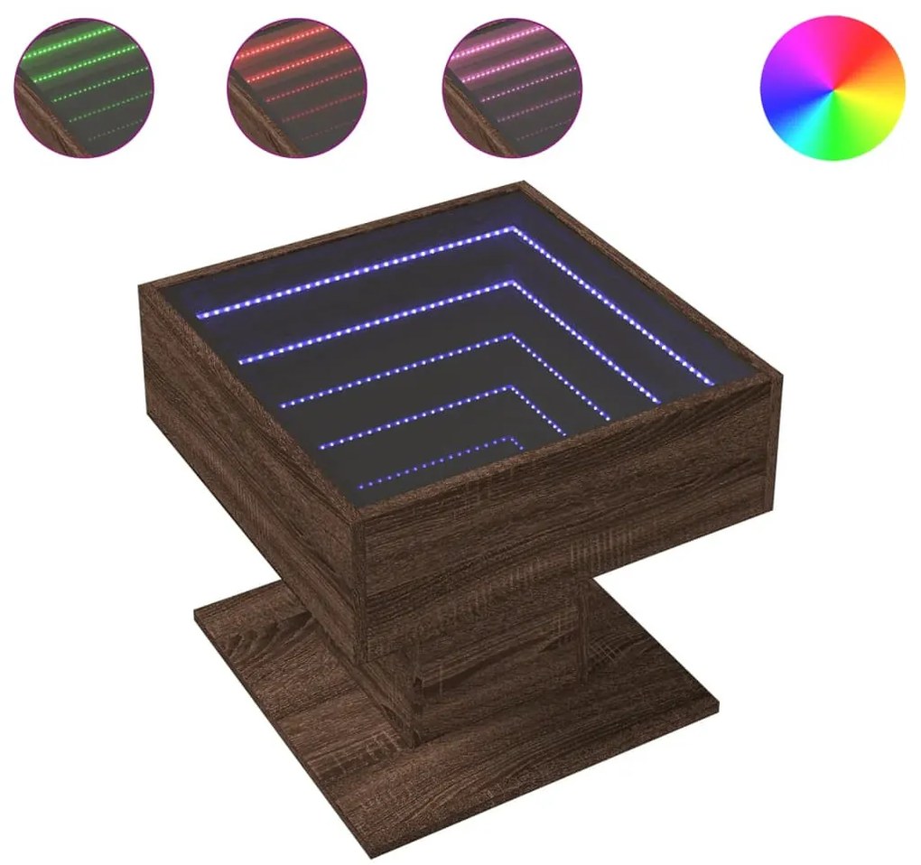 Barna tölgy szerelt fa dohányzóasztal LED-del 50 x 50 x 45 cm