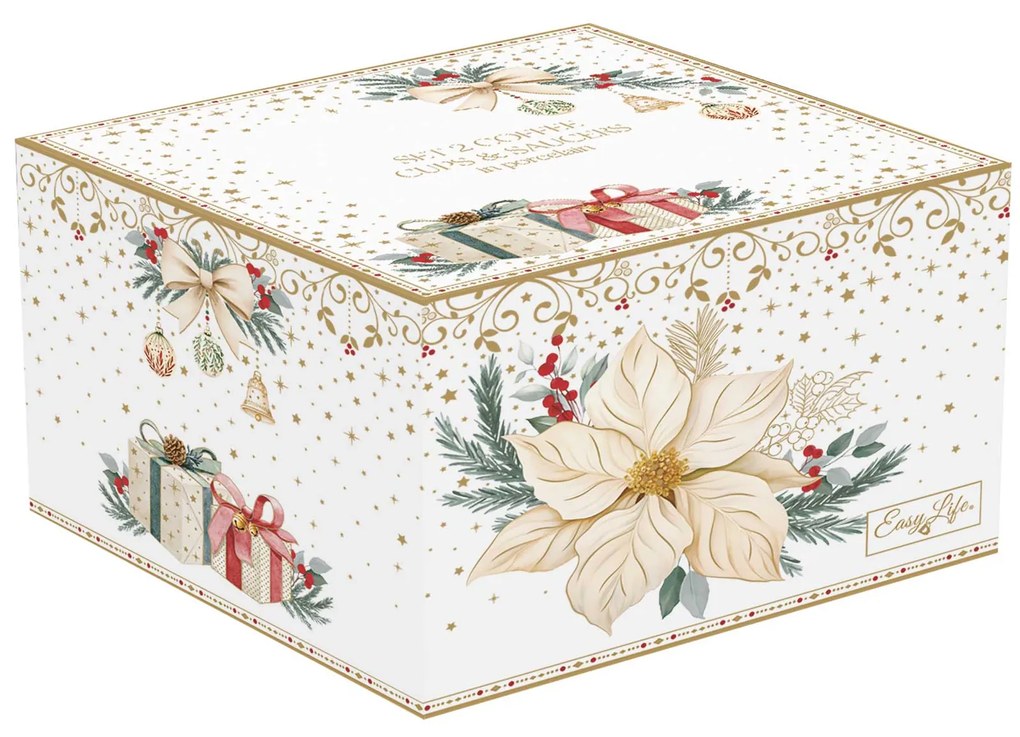 Karácsonyi porcelán eszpresszó csésze szett 2 személyes szett díszdobozban fehér arany mikulásvirág White Elegance