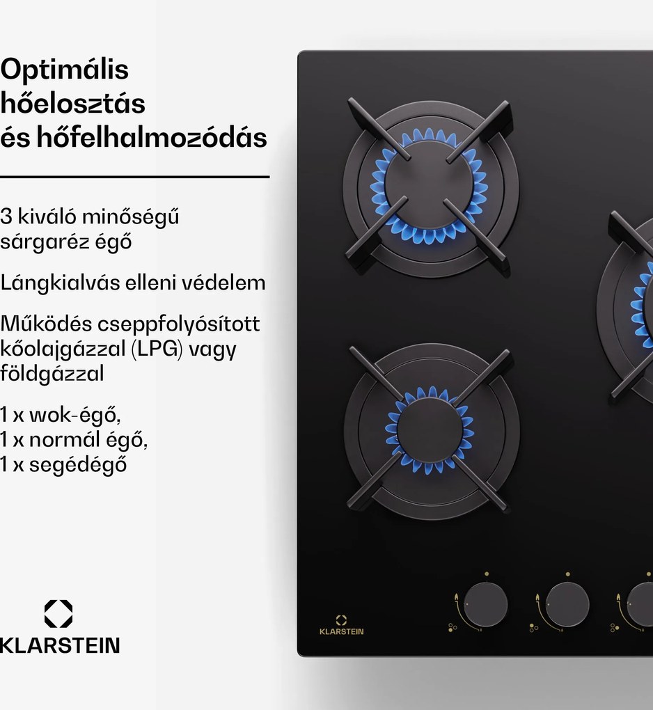 Klarstein Goldflame Domino, gáz főzőlap, 3 sárgaréz égő, rozsdamentes acél