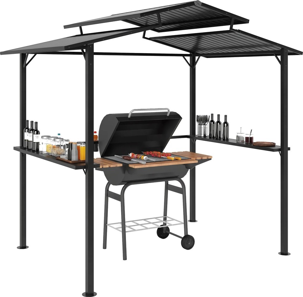 Outsunny Grill Pavilon 250 x 160 x 250 cm Vízálló Kerti Pavilon Kettős Rétegű Tetővel, Oldalsó Polcokkal, UV Védelemmel, BBQ Pavilon, Kerti Sátor Gril