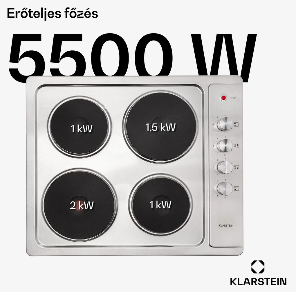 Klarstein Appetito 4, elektromos főzőlap, 5500 W, 4 főzőlap, 6 teljesítményfokozat, rozsdamentes acél