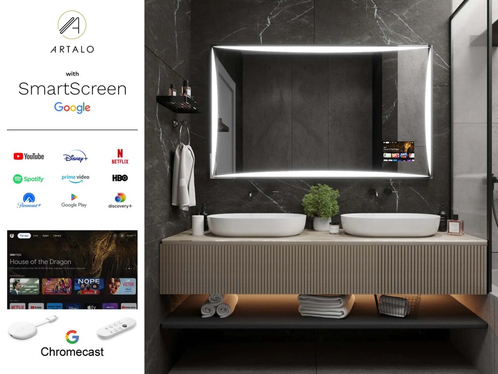 SMART tükör LED világítással M5 prémium + SmartScreen with Google Chromecast