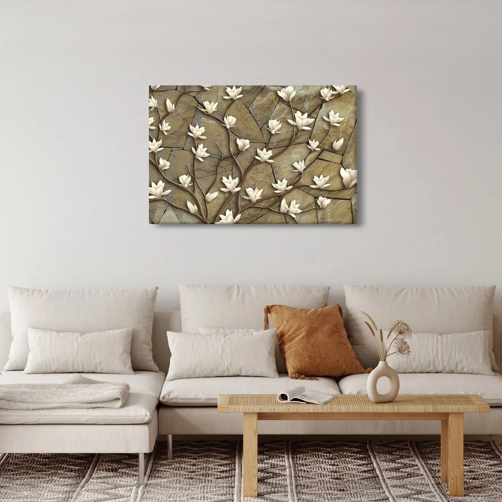 Kép - Fehér magnóliák kőfalazaton (90x60 cm)