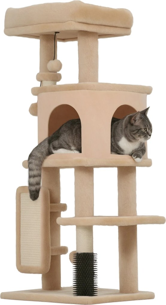 PawHut Macska Karcoló Fa 104 cm Magasságú Macska Tornyokkal, Platformokkal, Kefe, Függő Labdákkal és Karcoló Matracokkal - Beige | Aosom