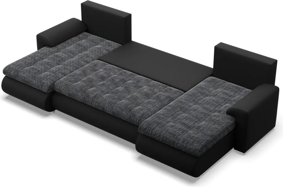 Tokio U alakú sarokkanapé, 3 ágyneműtartóval, fonott + műbőr, univerzális oldal, szürke - fekete