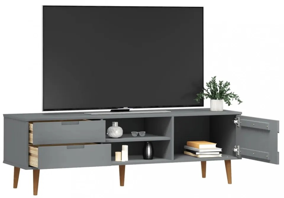 MOLDE szürke tömör fenyőfa TV-szekrény 158 x 40 x 49 cm