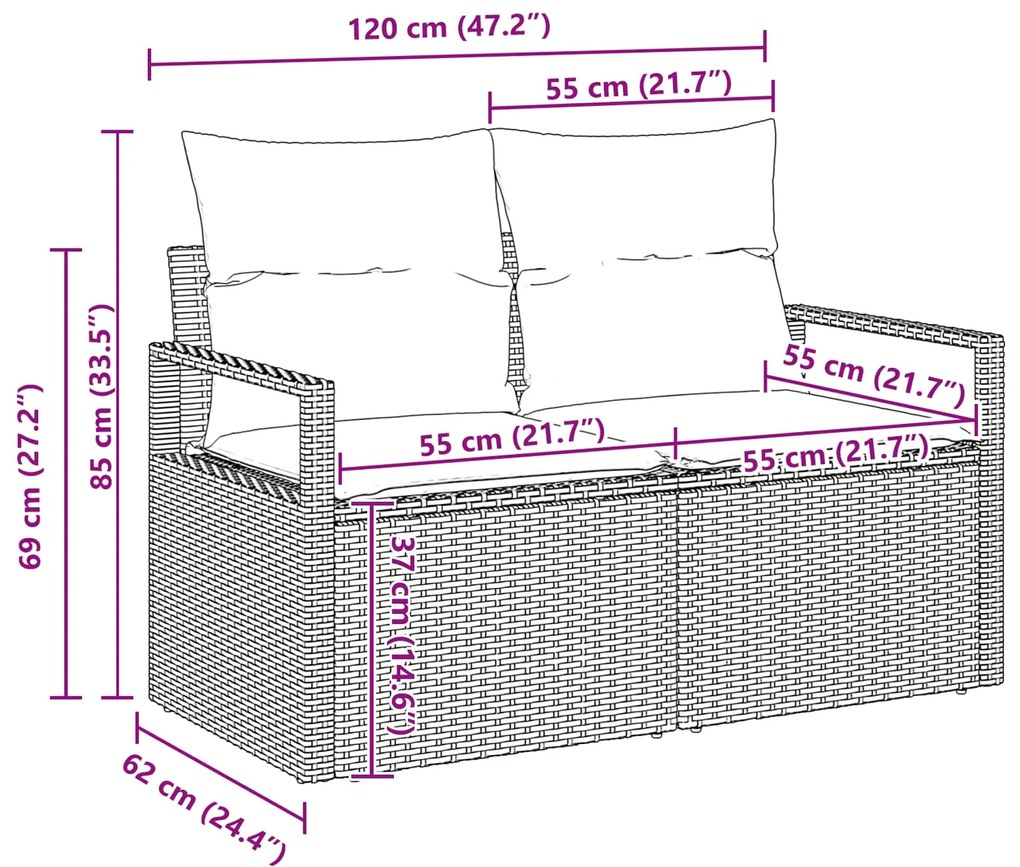 vidaXL Kerti Kanapé Szett párnával tárolóval 7 pcs Fekete polirattan
