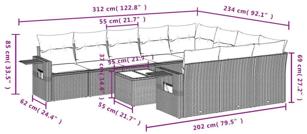 11 részes bézs polyrattan kerti ülőgarnitúra párnákkal