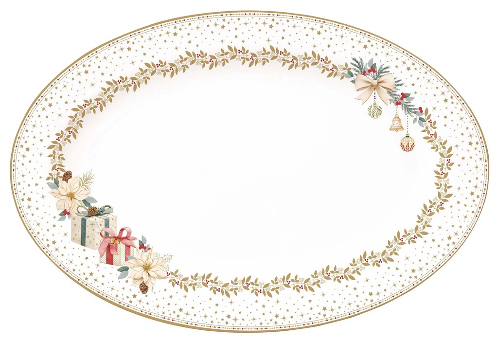 Karácsonyi porcelán ovális kínáló tál 35x23,5 cm díszdobozban fehér arany mikulásvirág White Elegance