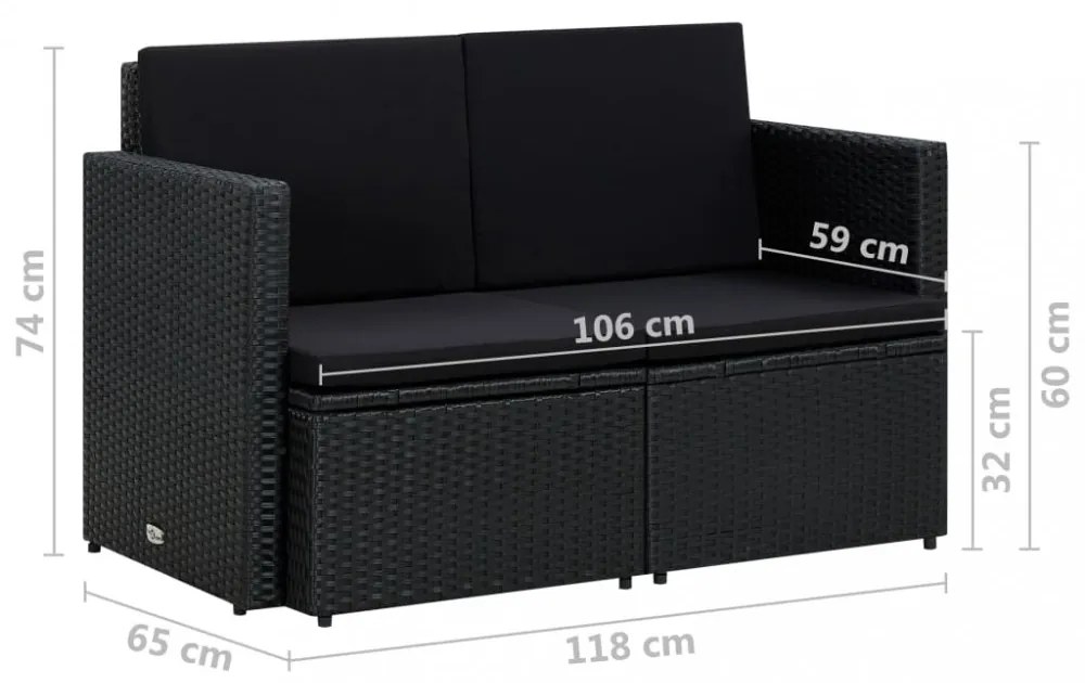 fekete kétszemélyes polyrattan kerti kanapé párnákkal