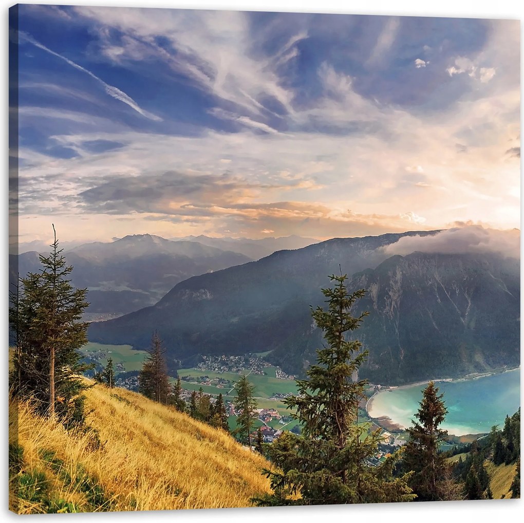 Vászonkép Nap a hegyek felett Felhők Falu 80X80 cm