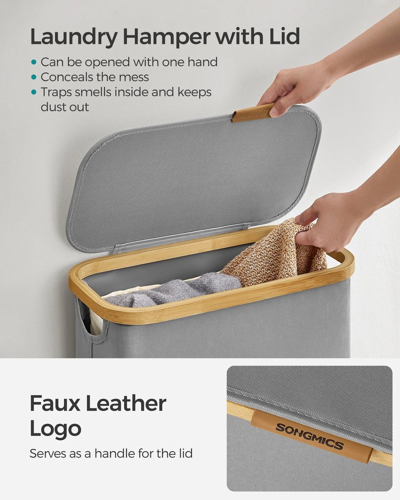 Fedeles mosókosár, 65L, levehető hálós bélés, bambusz fogantyúk, galambszürke