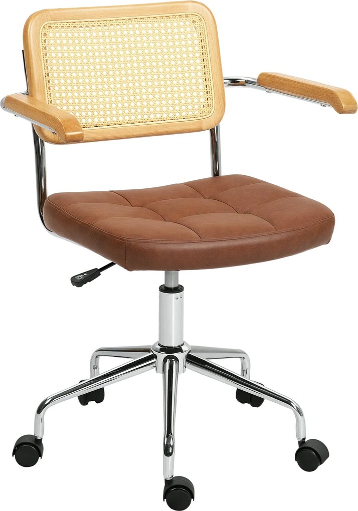 HOMCOM Forgós Irodai Szék Magasságban Állítható Asztali Szék Műanyag Rattan Támlával és Hintázó Funkcióval, Terhelhetőség 120 kg, 60x55.5x82-90 cm, Ba
