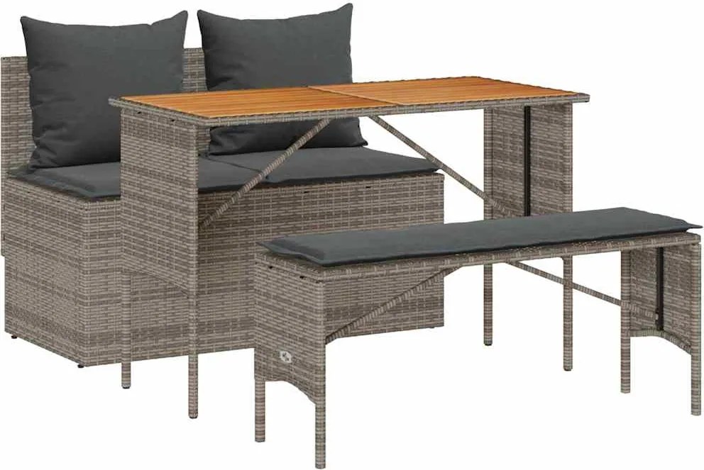 vidaXL 3 részes szürke polyrattan kerti étkezőgarnitúra párnával
