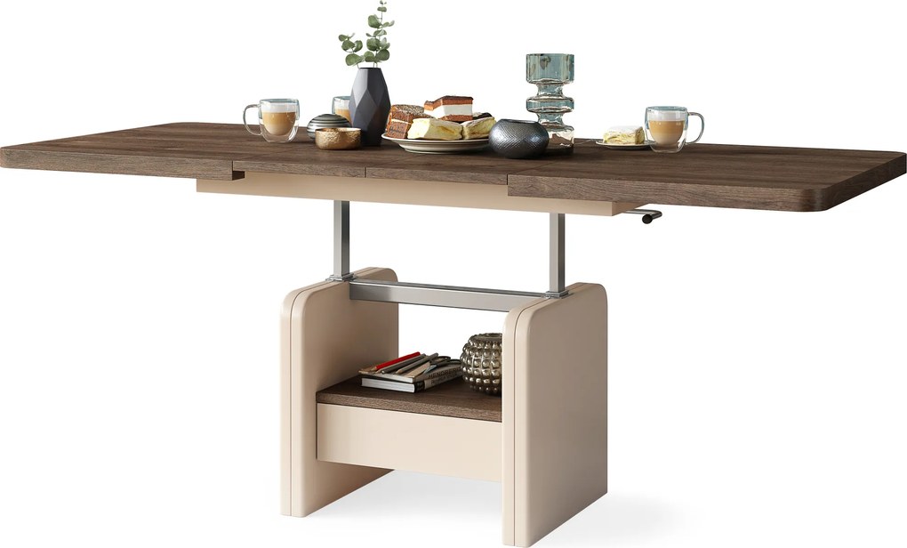 Mazzoni LEXUS Barna Tölgy/Bézs (Pezsgőszínű) - MODERN DOHÁNYZÓASZTAL NYITHATÓ/MAGASÍTHATÓ ÉTKEZŐASZTAL ÉS DOHÁNYZÓASZTAL EGYBEN