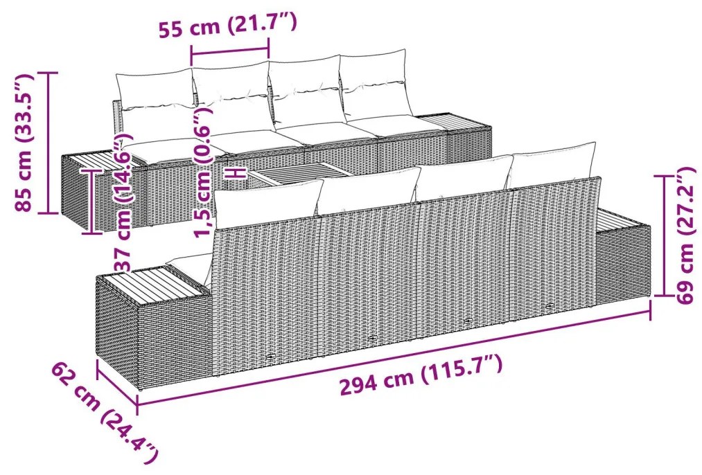 9 részes Kerti Sofa Szett Párnákkal Bézs Poli Rattan Akáciából