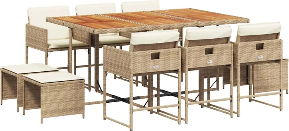 vidaXL 11 részes bézs polyrattan kerti étkezőgarnitúra párnákkal