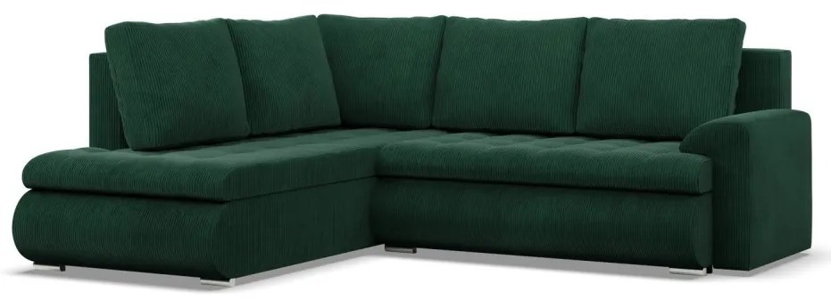 Tokio sarokkanapé, L alakú háttámlával, 2 ágyneműtartóval, kordbársony, baloldali, zöld