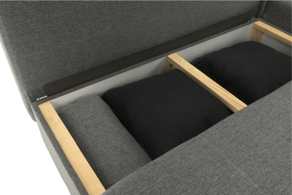 Sarokülőgarnitúra, J allású, ágyfunkcióval, szövet szürke/ párnák fekete, MEXX