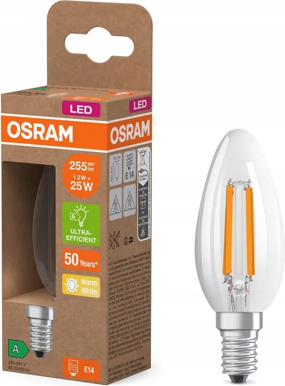 Led izzó B35 E14 1,2W 25W 255lm 2700K Filament 213lm/W A osztály Osram