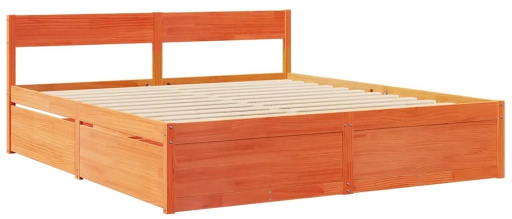 viaszbarna tömör fenyőfa ágy fiókokkal és matraccal 180x200 cm