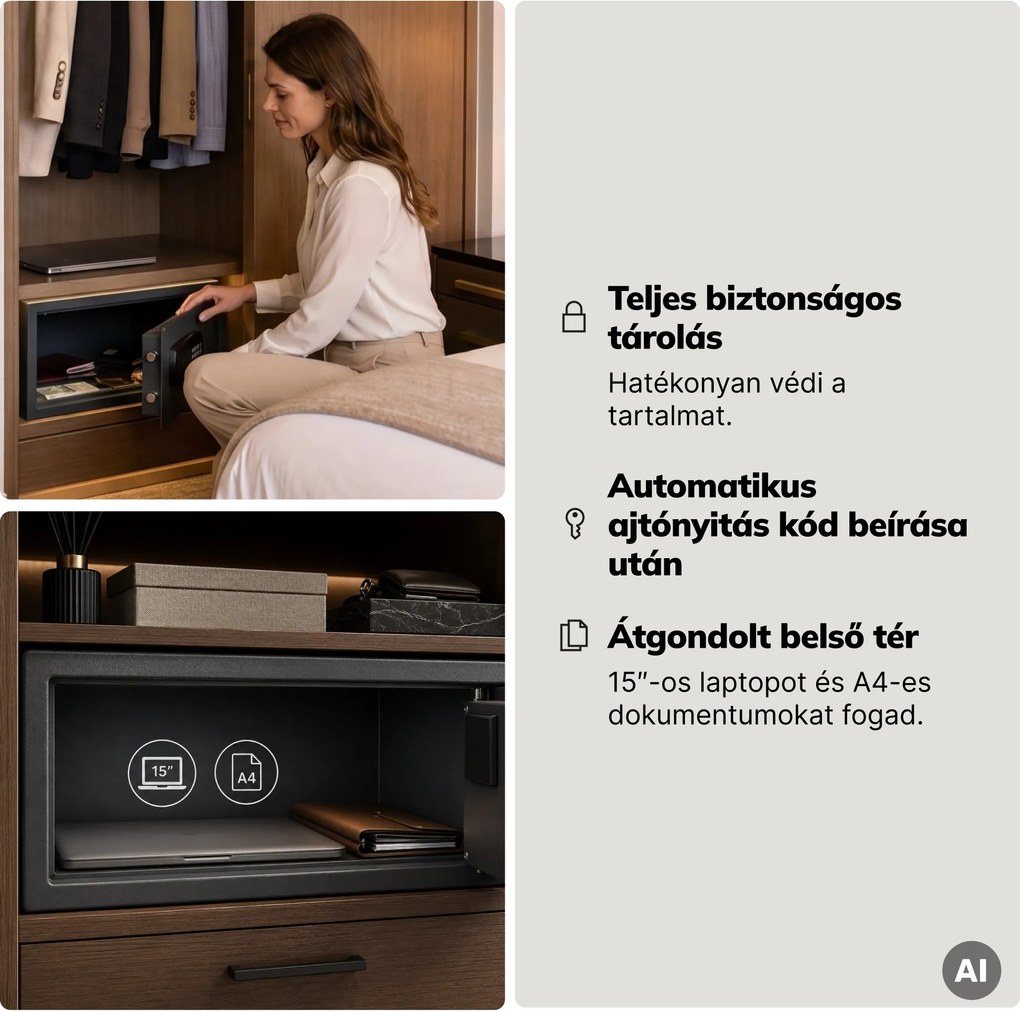 Hotelszéf elektronikus kódzárral, 15″ laptophoz és dokumentumokhoz, 200 x420x370 mm: ALFRED