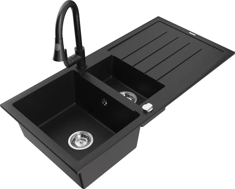 Mexen Andres 1,5 rekeszes gránit mosogató csepegtetővel és Elia konyhai csappal, fekete - 6515-77-670101-70