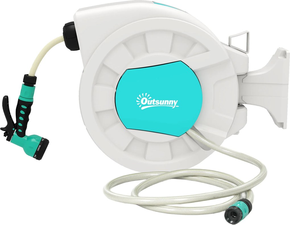 Outsunny Kerti Locsolócső Tekercs 20+2 m 7 Funkciós Fúvókával, Fali Kialakítás, 180° Forgatható Kerti Locsolócső Tekercs Automatikus Visszahúzó Zárral