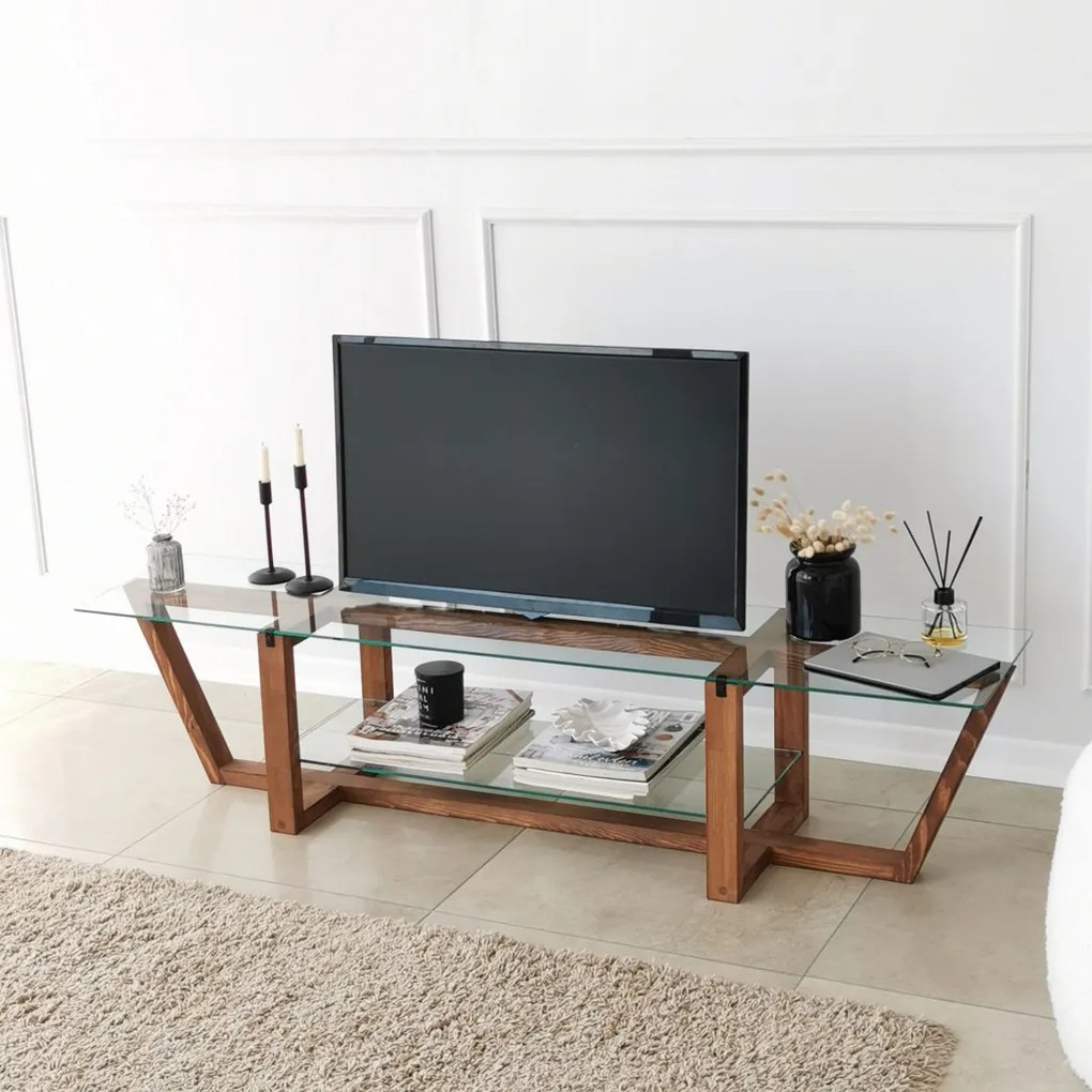 Amalfi üveg TV-állvány, dió, 158 cm