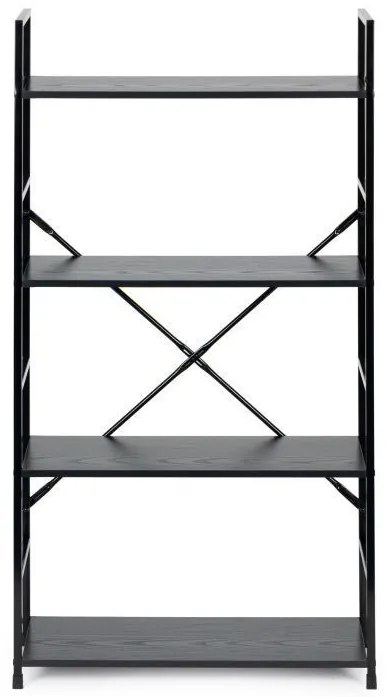 Fekete 4 szintes nyitott könyvespolc, tároló állvány fém lábakkal - 59x112cm Intenso