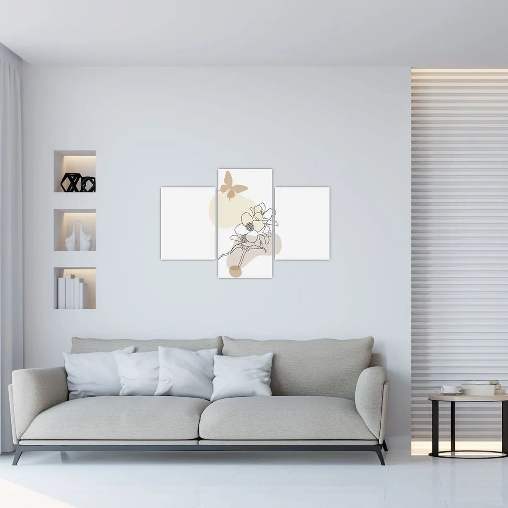 Kép - Bézs virágok pillangóval N⁰3 (90x60 cm)