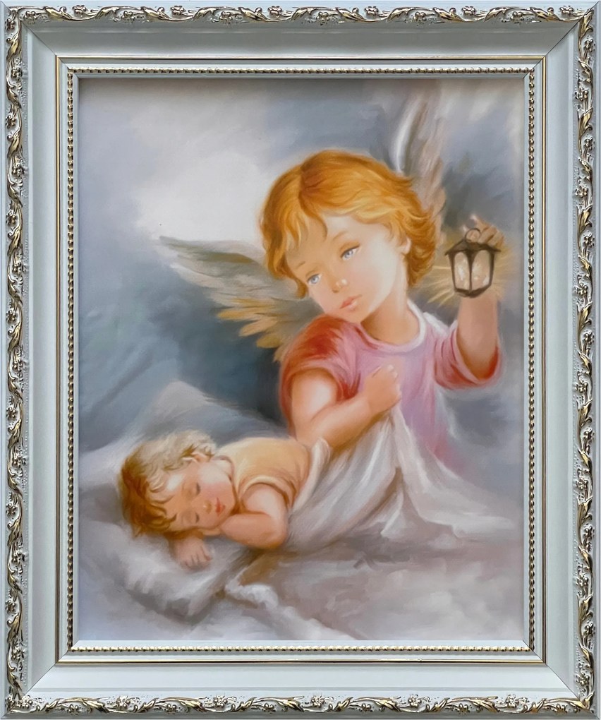 Vászonkép 31x26 Őrangyal Angyal Fehér Díszített Keresztelő Ajándék Keret