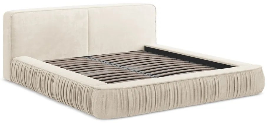 Krémszínű kárpitozott ágyneműtartós franciaágy ágyráccsal 140x200 cm Keoni – Makamii