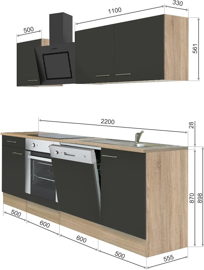 Yorki 220 konyhabútor sonoma tölgy korpusz,selyemfényű antracit fronttal alsó sütős elemmel
