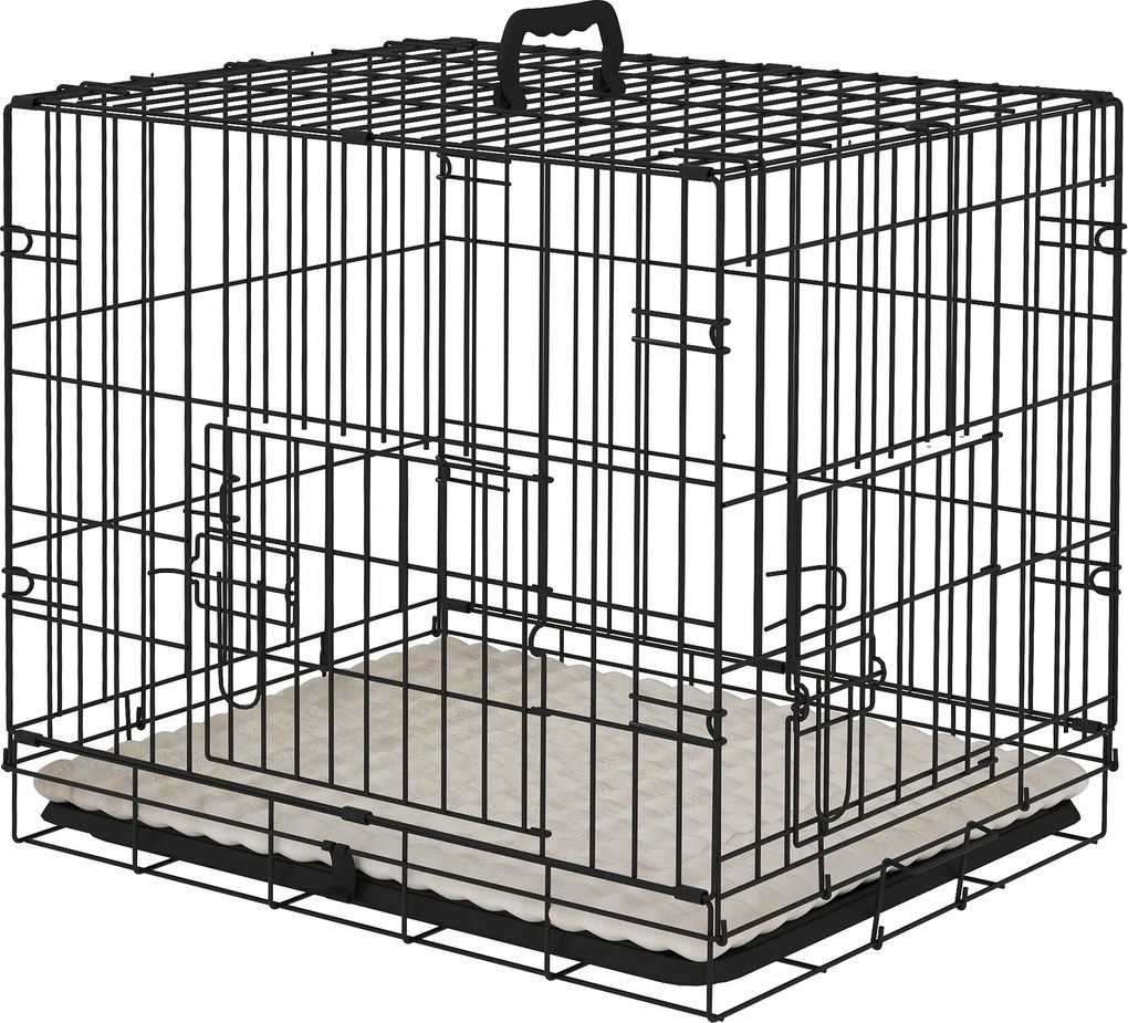 PawHut Kisméretű Kutya Ketrec Párnával, 2 Ajtóval, Levehető Tálcával és Fém Rácsos Váz 60x40x50 cm Fekete és Bézs | Aosom