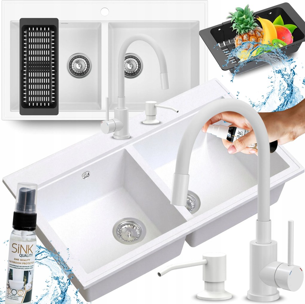 Mosogatótálca Kétrekeszes Gránit fehér Nagy Mély Konyhai Csaptelep 10e