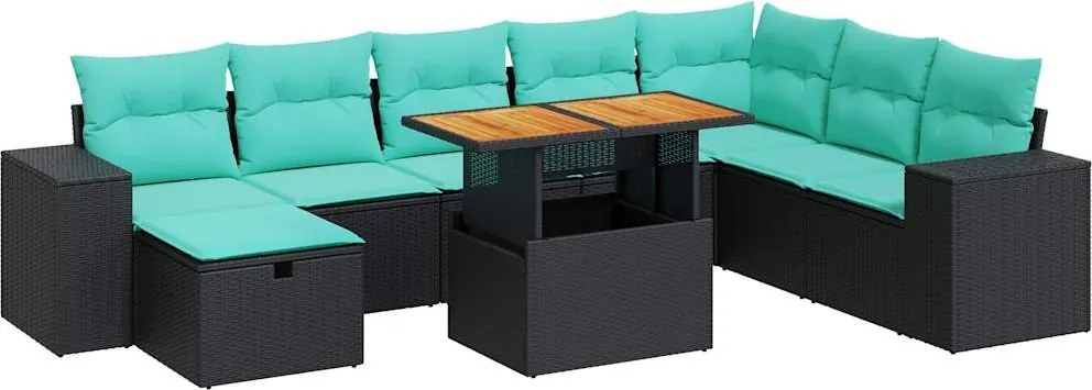 vidaXL 9 részes fekete polyrattan akácfa kerti ülőgarnitúra párnákkal