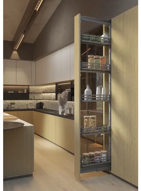 Konyhai fémrács, kamravasalat, 200mm, antracit, teljes kihúzású, csillapított záródás, 1880-2180mm, 5 kosár SIGE, Infinity Plus 258