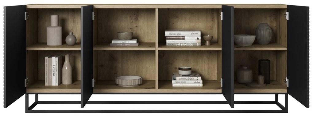 Asha komód 200 cm négyajtós lábakon - artisan / rivier stone matt / fekete matt