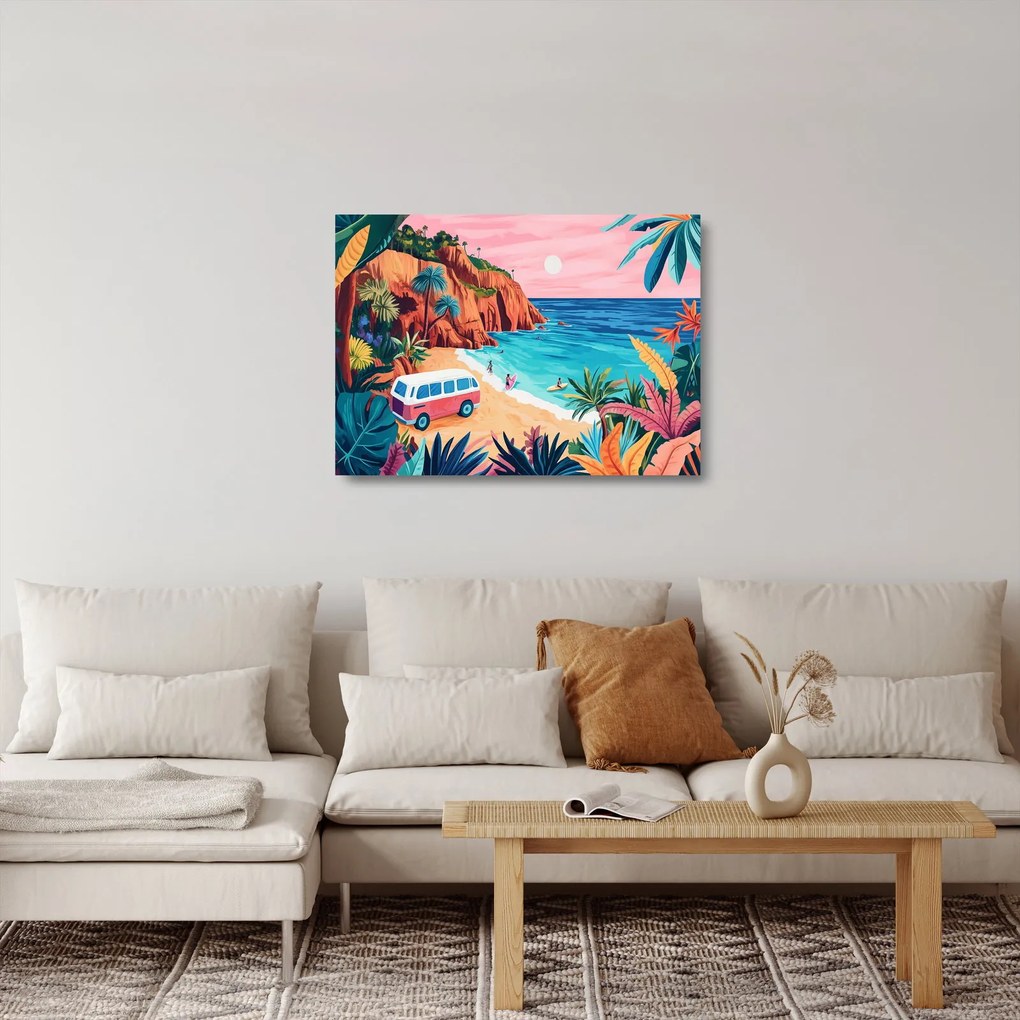 Üveg kép - Lakóautó az óceánnál (70x50 cm)