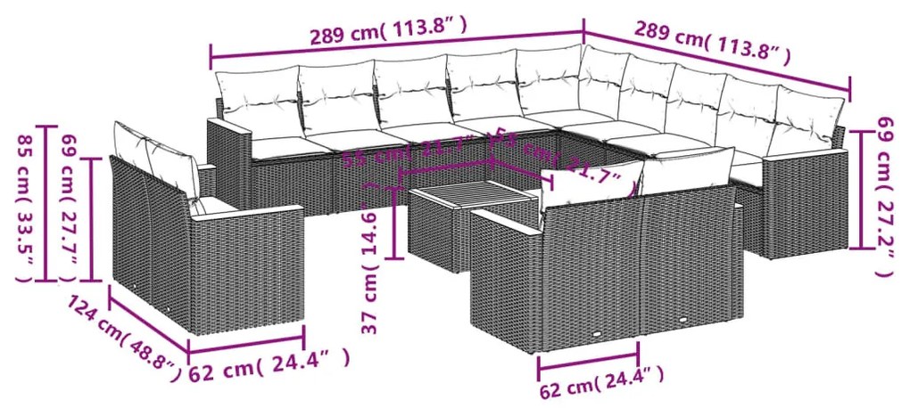 14 részes fekete polyrattan kerti ülőgarnitúra párnákkal