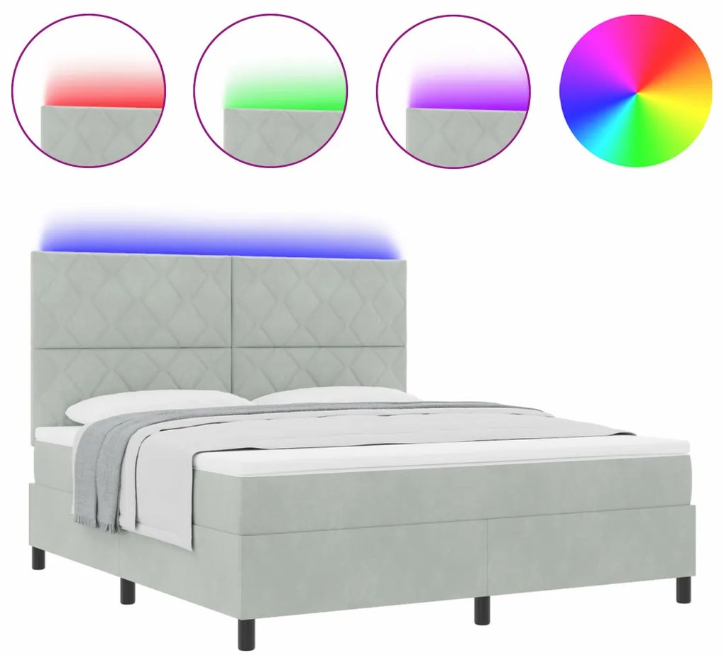 Box Spring Ágy Mattal &amp; LED Fény Szürke 180x200 cm Bársony
