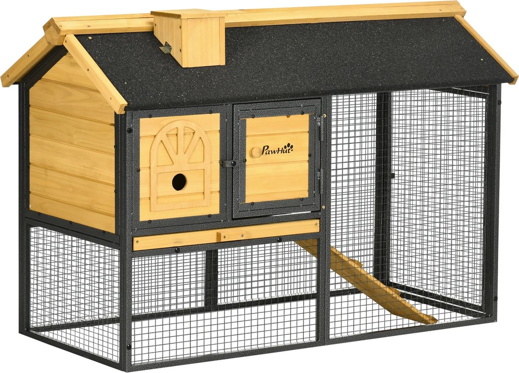 PawHut 2-szintes fa nyúlketrec nyitott területtel, aszfalt tetővel, eltávolítható tálcával, ajtókkal és rámpával - 120 x 55,5 x 80 cm | Aosom