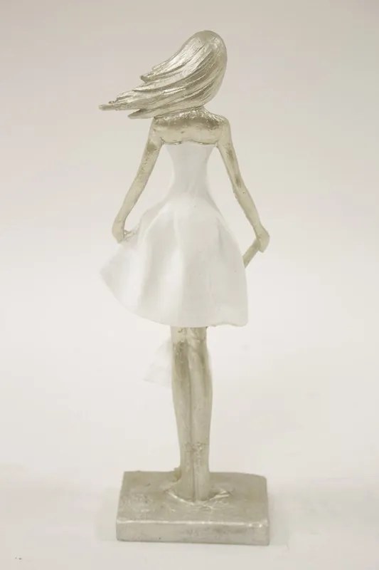 Ezüst hölgy elegáns fehér ruhában kislányával dekorfigura 33x11x7cm