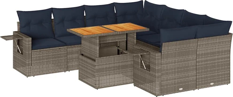 vidaXL 9 részes szürke polyrattan kerti ülőgarnitúra párnákkal