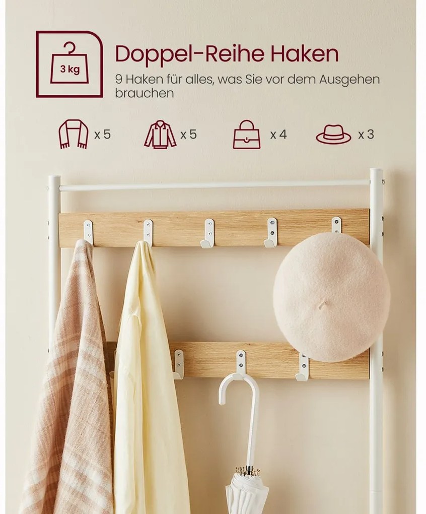 Előszoba fogas polccal, akasztókkal, cipőtartóval és ülőkével, tölgy és fehér 175x70x32cm