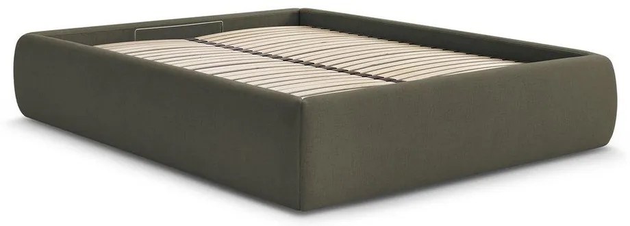 Sötétzöld kárpitozott ágyneműtartós-ágytámla nélkül franciaágy ágyráccsal 160x200 cm Inera – Bobochic Paris
